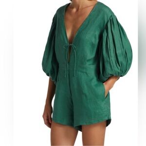 SWF Linen Puff-Sleeve Romper Green Equilibrium V‎ Neck Boutique